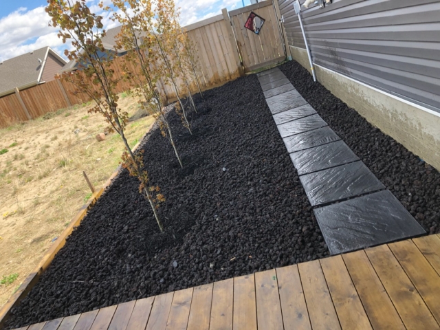 Sidewalk to backyard with black mulch border